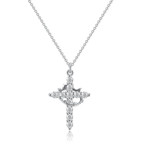 Perfect Gift Women Silver Crown Cross Necklace Gold Silver Plated Faith Jewelry - Picture 7 of 8